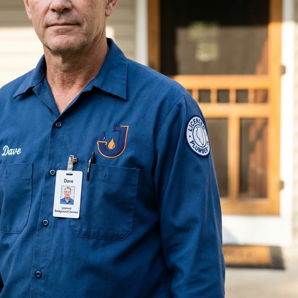 Licensed plumber showing ID badge in Lewisville, AR