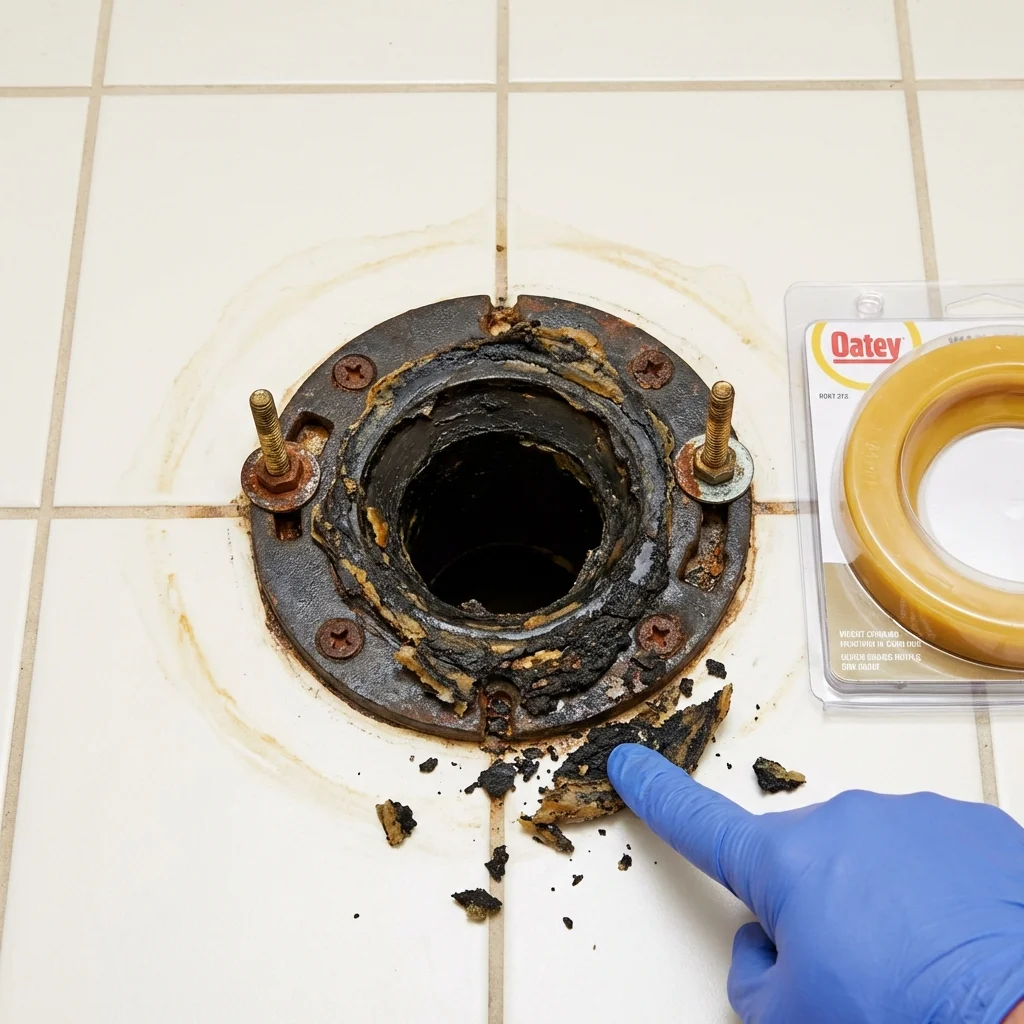 Failed wax ring showing water seepage at the base of a toilet in a Lewisville, AR home