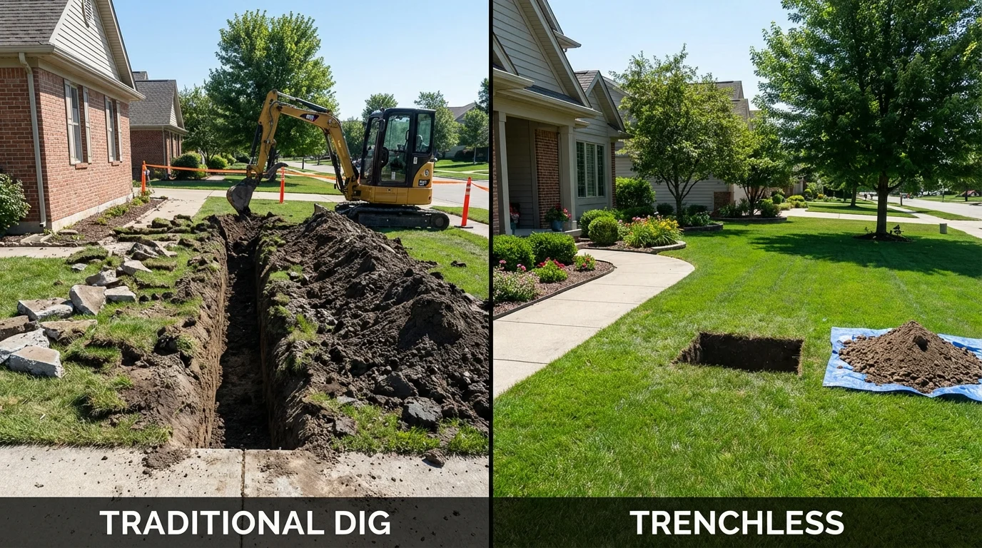 Trenchless sewer repair with minimal yard damage versus traditional excavation in Lewisville, AR