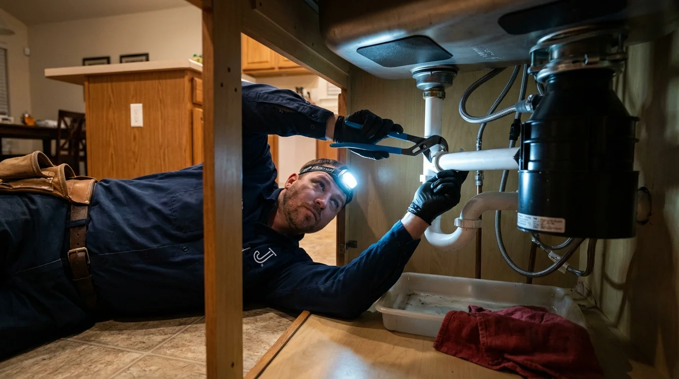 P-trap and supply line connections under a kitchen sink showing a common leak point in Lewisville, AR